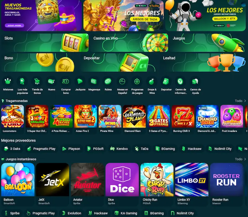 Lobby de Betonwin Casino con categorías de tragamonedas, casino en vivo, juegos crash y proveedores