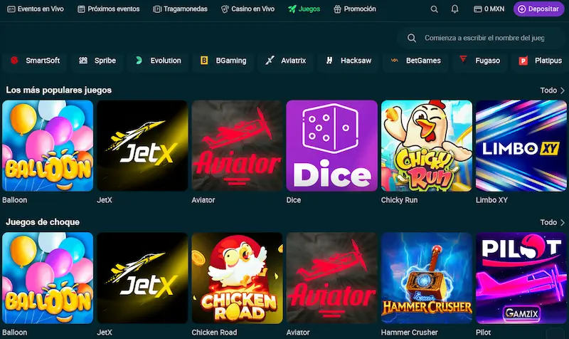 Juegos crash de Betonwin con Aviator, JetX, Balloon y Dice